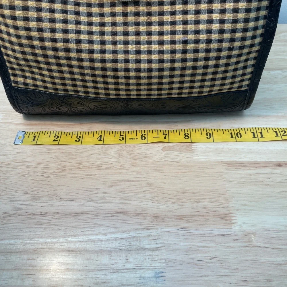 Longaberger Gingham Tote Bag Black Tan Embossed Floral Trim Silver Logo Plaque‎